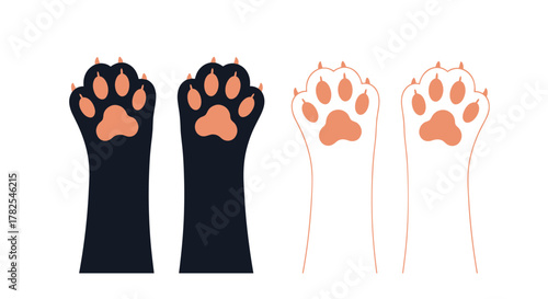 Diverse set of cat paw illustrations featuring two solid black paws with orange pads and two outline versions with orange pads, showcasing feline agility and charm.
