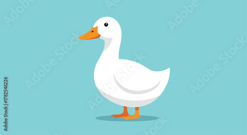 Quaint white duck with an orange bill and feet, standing peacefully and looking to the side, set against a serene light blue background, embodying calm and simplicity.