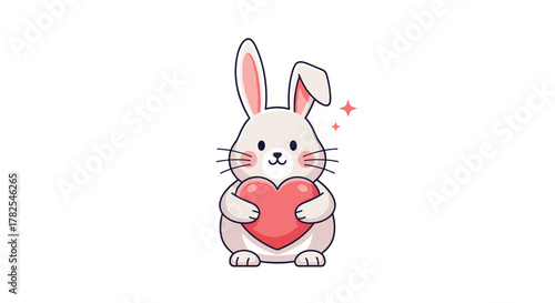 Adorable white bunny holding a plump red heart, radiating subtle sparkles, symbolizing love, affection, and tenderness, perfect for romantic or sweet child-oriented themes.