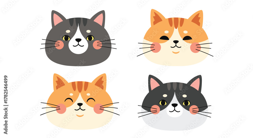 Fototapeta premium Expressive quartet of cute cartoon cat faces, each displaying unique fur patterns and charming expressions, ranging from happy to curious, ideal for animal-themed projects.