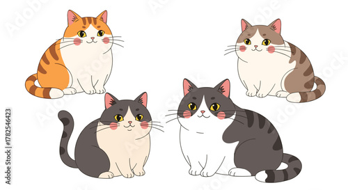 Charming collection of four plump cartoon cats, each featuring unique fur patterns like orange tabby and grey tabby, sitting gracefully and looking adorable.