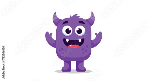 Cheerful purple fluffy monster with two small horns and two wide eyes, happily waving its hands and showing a friendly open-mouthed smile, ideal for lively kid content.