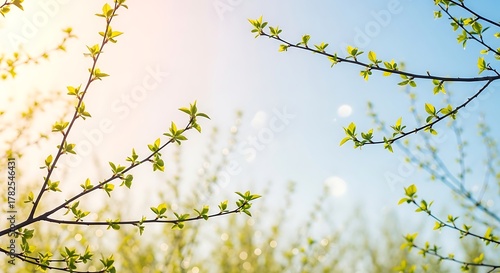 Fototapeta Naklejka Na Ścianę i Meble -  a composition of short and long spring branches scattered naturally, leaving tranquil empty space, tender young green leaves