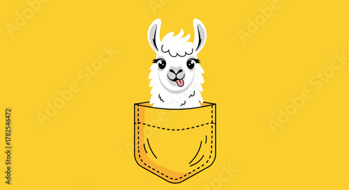 Playful white llama with fluffy ears and a cheeky tongue playfully peeking out of a vibrant yellow pocket, creating a whimsical and charming animal illustration.