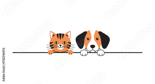 Adorable duo of an orange tabby cat and a sweet brown and white dog, both cheerfully peeking over a thin black line, symbolizing pet friendship and curiosity.