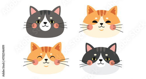 Expressive quartet of cute cartoon cat faces, each displaying unique fur patterns and charming expressions, ranging from happy to curious, ideal for animal-themed projects.