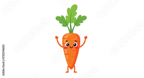 Cheerful anthropomorphic carrot character with bright green leafy top, happily waving its arms and displaying a sweet smile, symbolizing health and vitality.