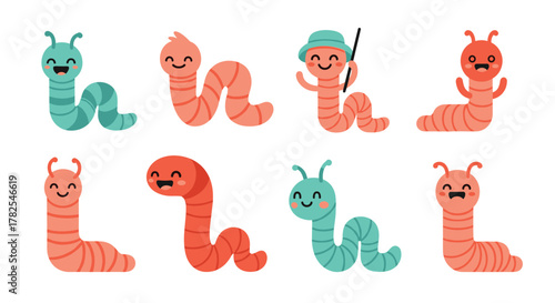 Diverse collection of eight cheerful cartoon worms in a spectrum of colors and playful poses, some adorned with hats or sticks, perfect for engaging children's stories.