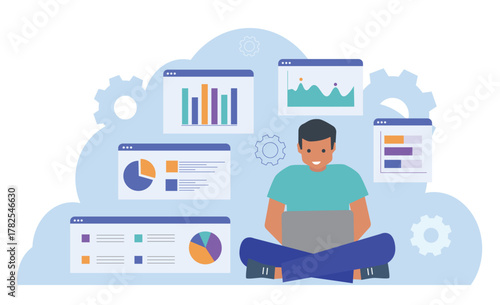Man with laptop working with data statistics, charts and graphs while concentrating on complex digital work
