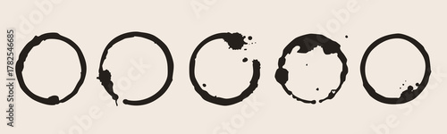 Mug bottom round marks. Coffee cup stains, wet stamp. Spilled liquid circle stain, print set. Hand drawn trendy Vector illustration. Isolated design elements