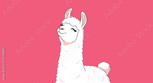 Radiant fluffy white llama with a serene and contented expression, gazing upward with closed eyes, against a vibrant pink background, evoking peacefulness and joy.