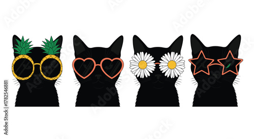 Stylish quartet of black cats modeling diverse novelty sunglasses, including pineapple, heart, daisy, and star shapes, perfect for summer fun and playful animal fashion.