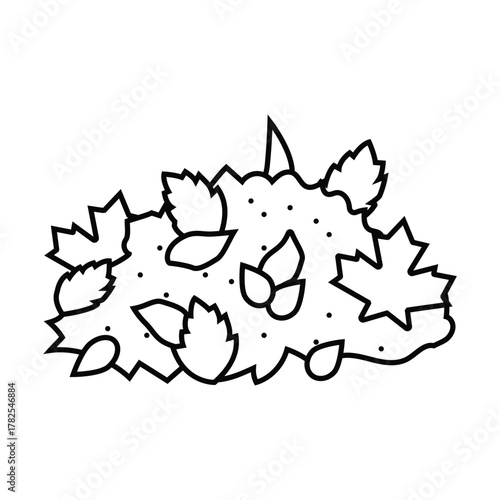 Outlined illustration of leaves and a bush Some leaves are separate some are on the bush and a single point juts upwards Small dots scattered across