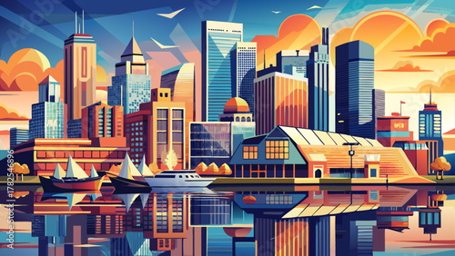 Very beautiful skyline view of Baltimore, Maryland, USA, along the Inner Harbor, featuring modern buildings, waterfront reflections, warm natural light, and a realistic vibrant urban atmosphere.