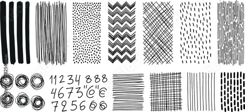 Collection of abstract black and white graphic patterns and textures with stripes dots and scribbles