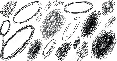 Collection of hand drawn sketchy oval shapes and scribbled textures on a white background