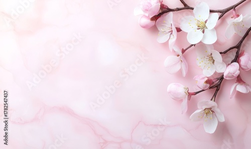 Delicate pink and white cherry blossoms arranged on a soft pastel pink marble background for spring or nature themes