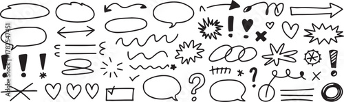 Doodle elements like speech bubbles, arrows, hearts, and exclamation points add a playful, creative touch to any design project.