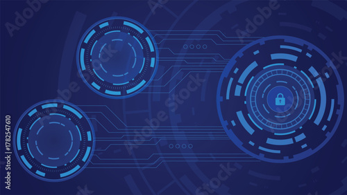 Modern technology background featuring glowing blue circles, digital circuits, and a security lock icon symbolizing data protection, cyber defense, and online privacy concepts