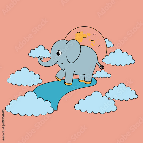 Whimsical cartoon elephant walks on a blue path through the clouds