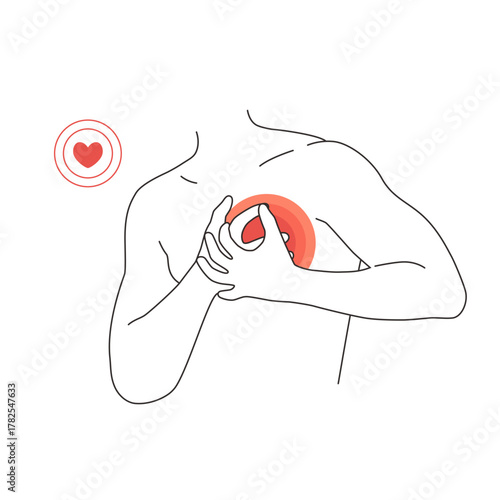 Vector line sick body holding his chest with heart pain. Outline illustration of cardiological symptoms of a heart attack or cardiac arrhythmia. Discomfort and heartache in breast as a result of high