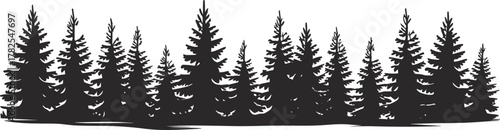 Flat vector silhouette of dense pine forest landscape, conifer trees, natural woodland scene, evergreen foliage, outdoor nature illustration, black graphic