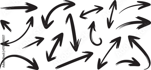 Dynamic hand drawn black arrows pointing in multiple directions add visual flair to designs, guiding focus with bold strokes.