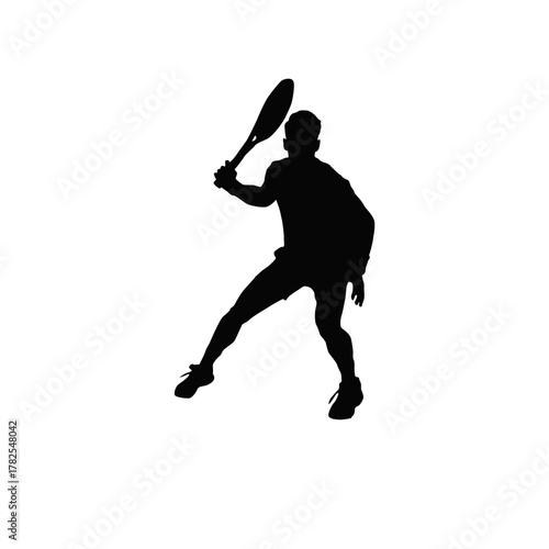 Silhouette of a male tennis player in action hitting a forehand stroke on a white background
