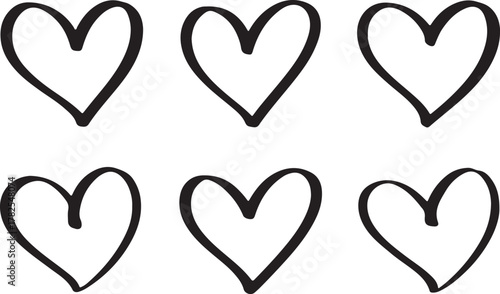 Six charming hand drawn black hearts creating a beautiful modern pattern perfect for Valentines or romantic designs