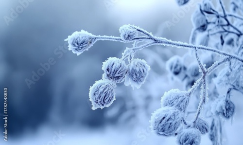 Frozen plant branches covered with ice crystals in a winter landscape with a cold, misty background