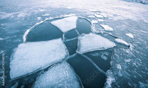 Frozen ice sheets breaking apart on a cold body of water, revealing open water beneath in a polar environment