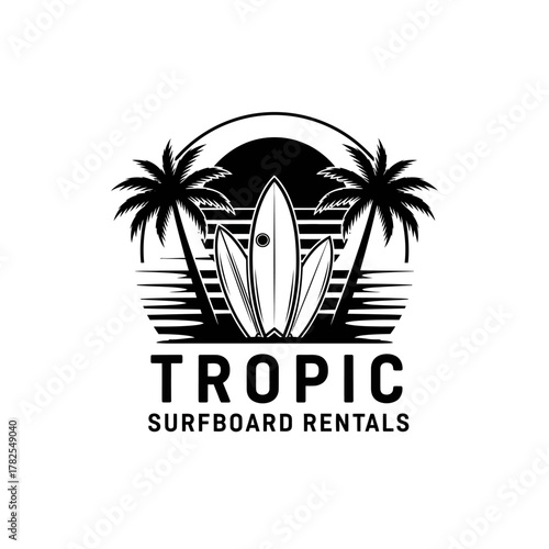 Tropic Surfboard Rentals Logo with Palm Trees and Surfboards.