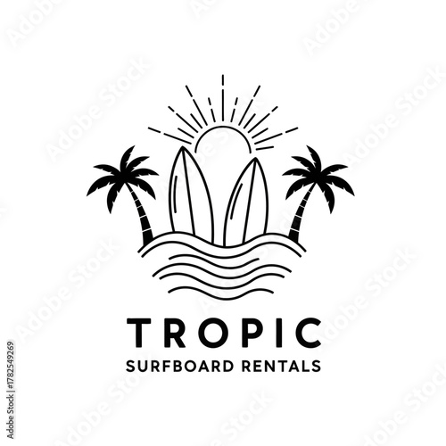 Tropic Surfboard Rentals Logo with Palm Trees, Surfboards, Waves, and Sun.