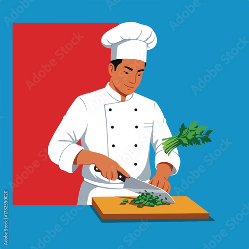 A chef in a white uniform and hat carefully chops herbs on a cutting board, illustration with bright colors