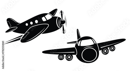 Simple black and white illustration of two vintage airplanes in flight