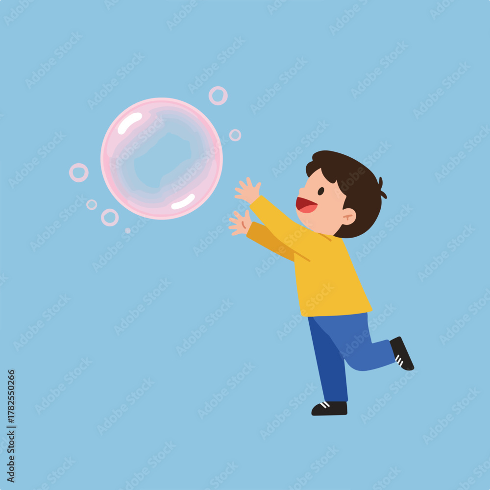 Fototapeta premium Cartoon illustration of a cheerful child reaching towards a large, pink bubble against a light blue background