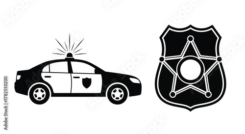 Black and white illustration of a police car and sheriff s badge