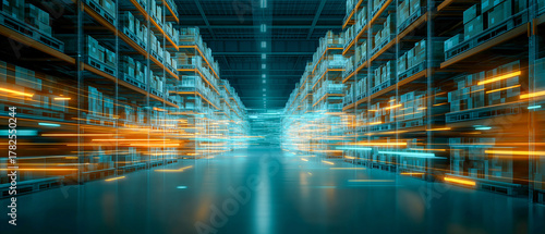 Endless warehouse shelves filled with boxes, illuminated by futuristic blue and orange lights, convey high tech e commerce fulfillment center with fast barcode scanning and automation