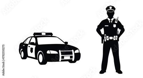 A silhouette of a police officer standing next to a patrol car