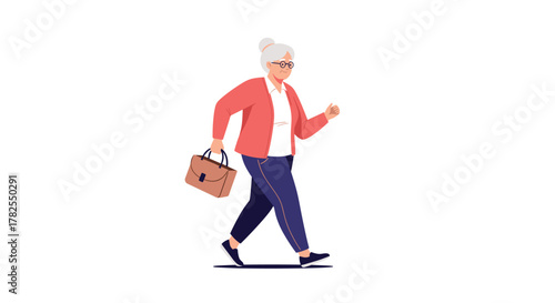Elderly woman with glasses and gray hair walks with a briefcase.