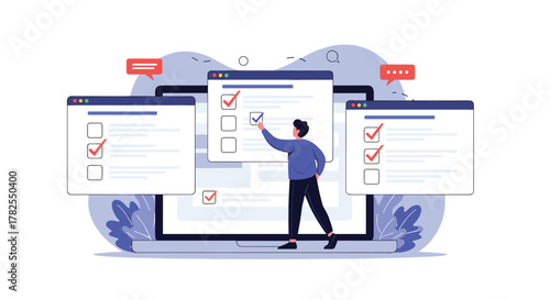 Person checking off tasks on multiple computer screens, symbolizing productivity and organization.