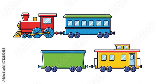 Colorful cartoon illustration depicting a classic steam train and freight cars