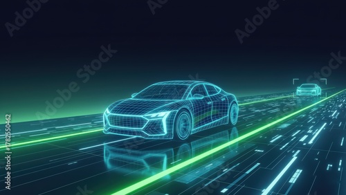 Holographic car on glowing smart highway with neon beams at night, iot concept, sensor technology, car technology