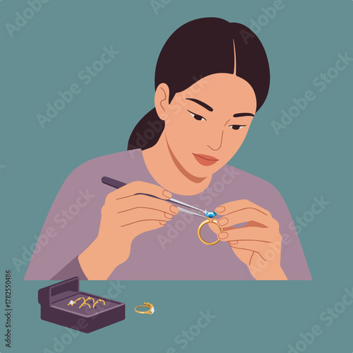 A person with dark hair is placing a gemstone on a gold ring using tweezers. Other rings are visible