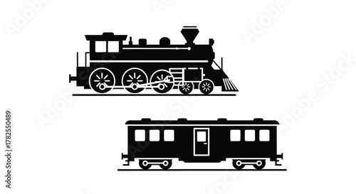 Simple black silhouette illustration of a steam train and railway carriage