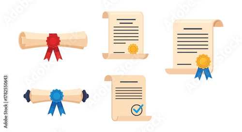 Collection of various rolled and flat certificates with ribbons and seals