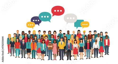 Diverse group of people communicating with speech bubbles above their heads.