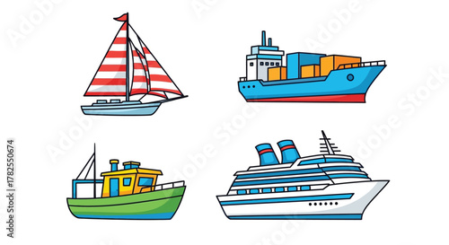 Colorful cartoon illustration displaying various types of water vessels
