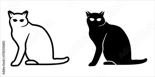Cat icon set. Black silhouette and outline illustration of a sitting cat. Pet animal design.