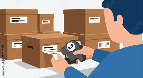 Person labeling cardboard boxes with a barcode scanner